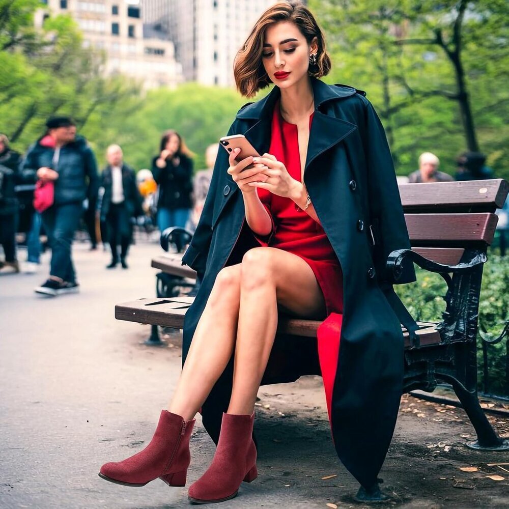 Women's Red Classic Ankle Boots Low Block Heels Suede Chunky Fashion Booties - Picture 7 of 8